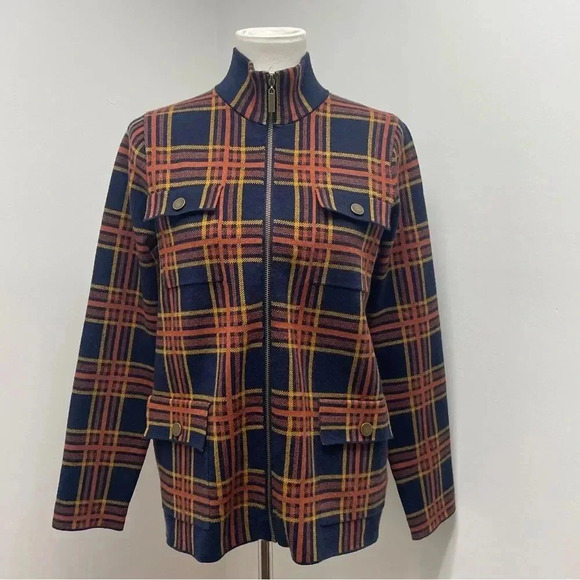 Rachel Zoe Plaid Zip Sweater Cardigan Jacket Knit Shacket. Orange & Navy. Medium - Picture 3 of 16